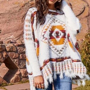 ALTAR’D STATE Lovely Lash Tribal Sweater Poncho Oversized Soft S/M Fringe Aztec